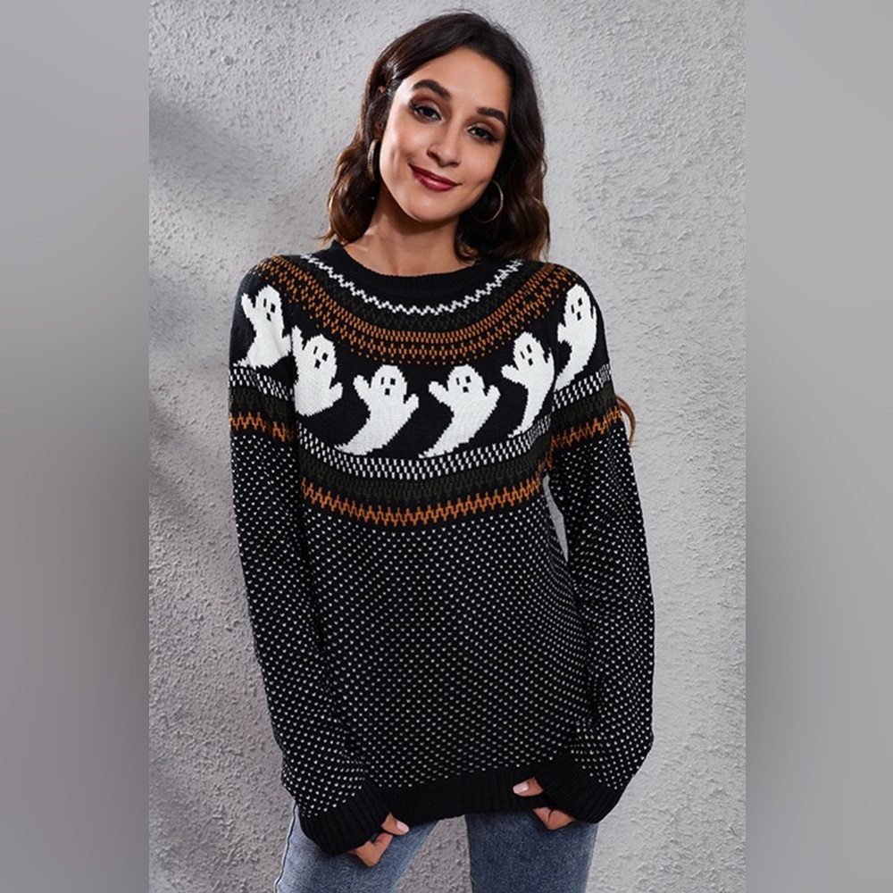 🌟NEW, CHIC*-Ghost Pattern Round Neck Long Sleeve Sweater OFFERS WELCOME